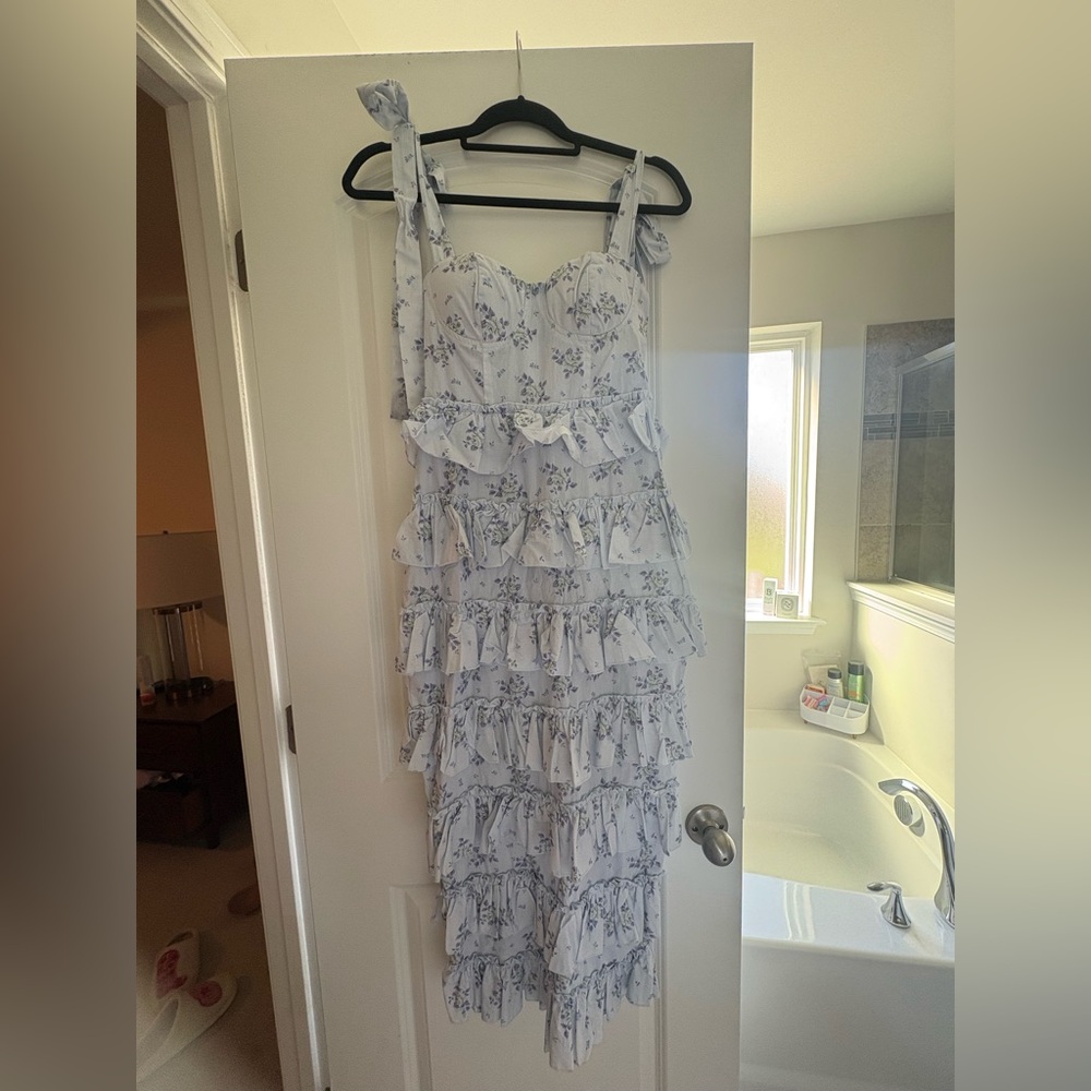 Light Blue Floral Ruffle Midi Dress